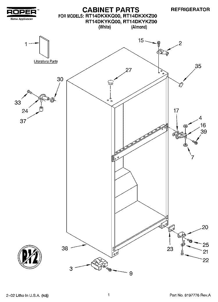 CABINET, LITERATURE Diagram and Parts List for RT14DKXKQ00  Roper Refrigerator