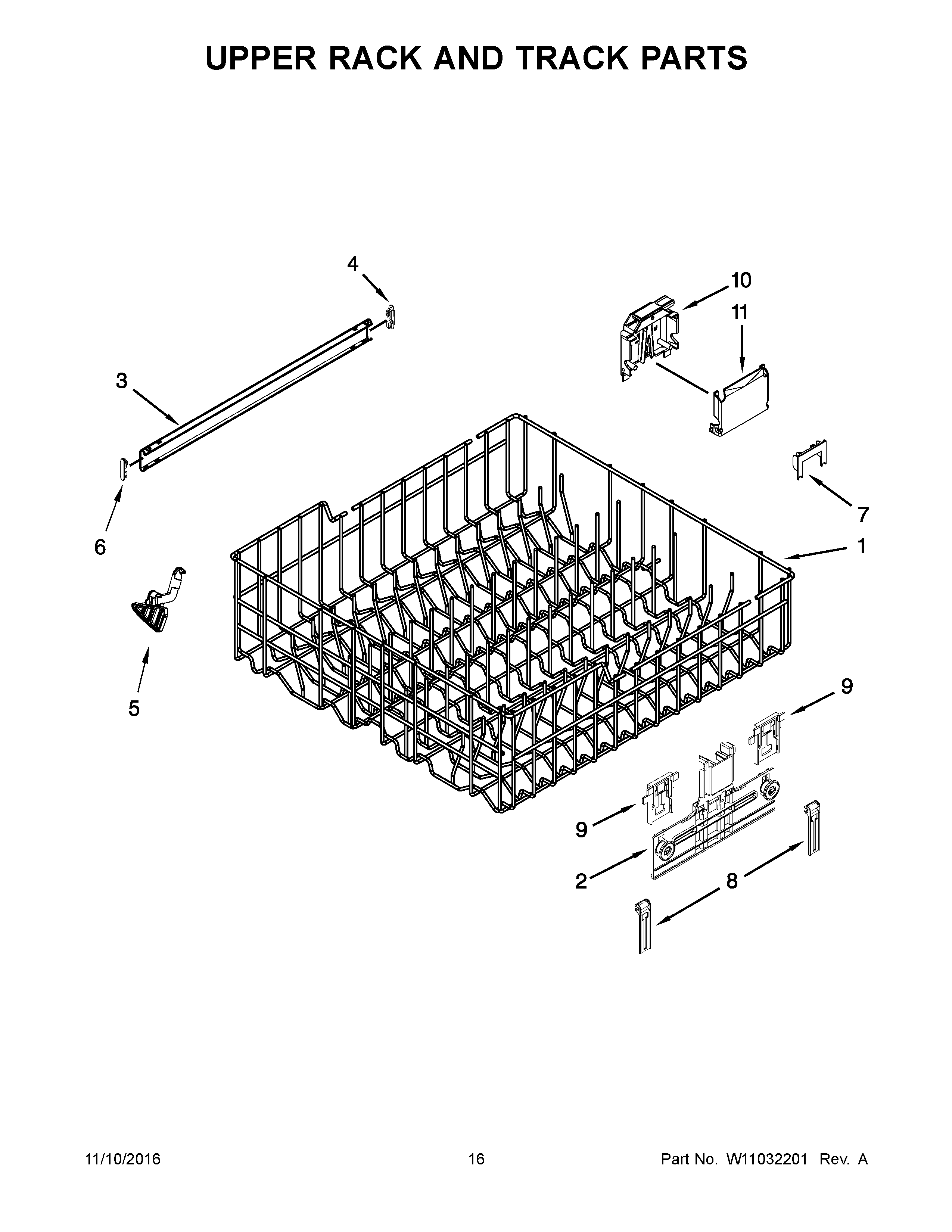 Upper Rack And Track Parts Diagram and Parts List for 66513229N413  Kenmore Dishwasher