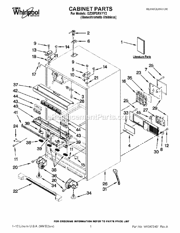 CABINET PARTS Diagram and Parts List for GZ25FSRXYY2  Whirlpool Refrigerator