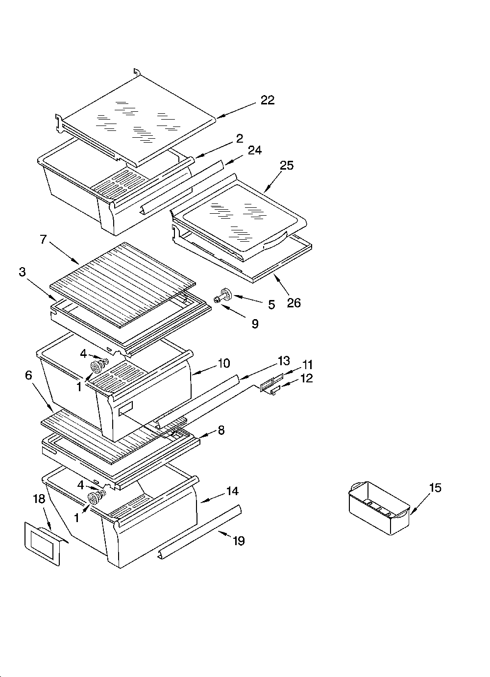 Refrigerator shelf parts Diagram and Parts List for ED5SHAXMT10  Whirlpool Refrigerator