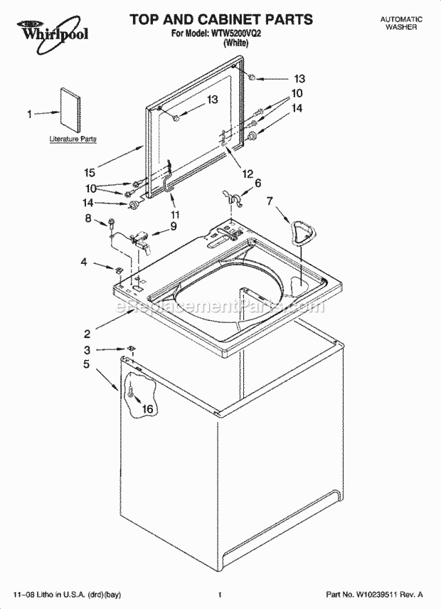 TOP AND CABINET PARTS Diagram and Parts List for WTW5200VQ2  Whirlpool Washer