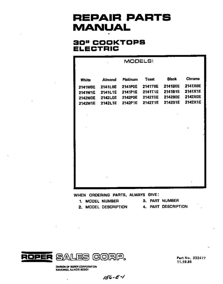 Front Cover Diagram and Parts List for 2142*0E  Roper Range