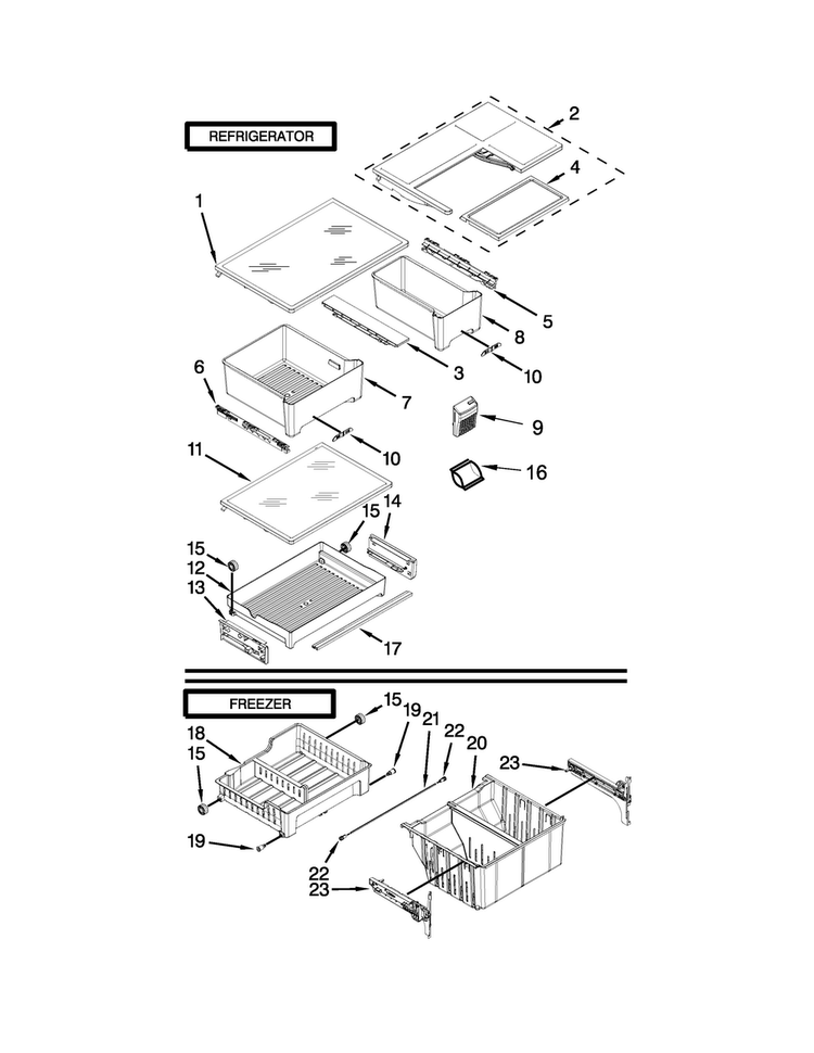 Shelf Parts Diagram and Parts List for WRF560SMYH04  Whirlpool Refrigerator