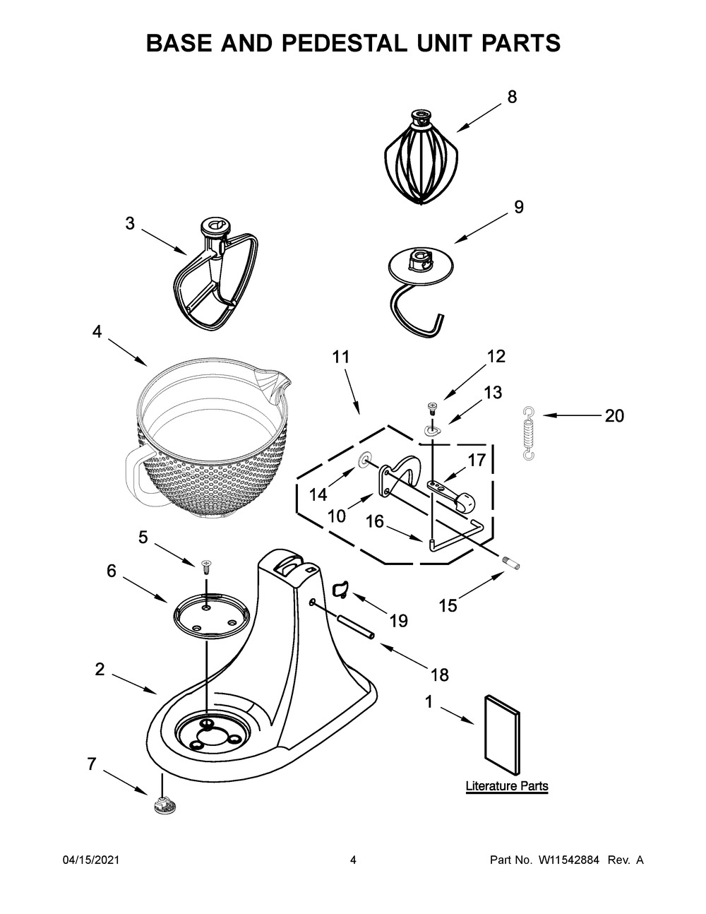 Base And Pedestal Unit Parts Diagram and Parts List for 5KSM180CBALD0  Whirlpool Mixer