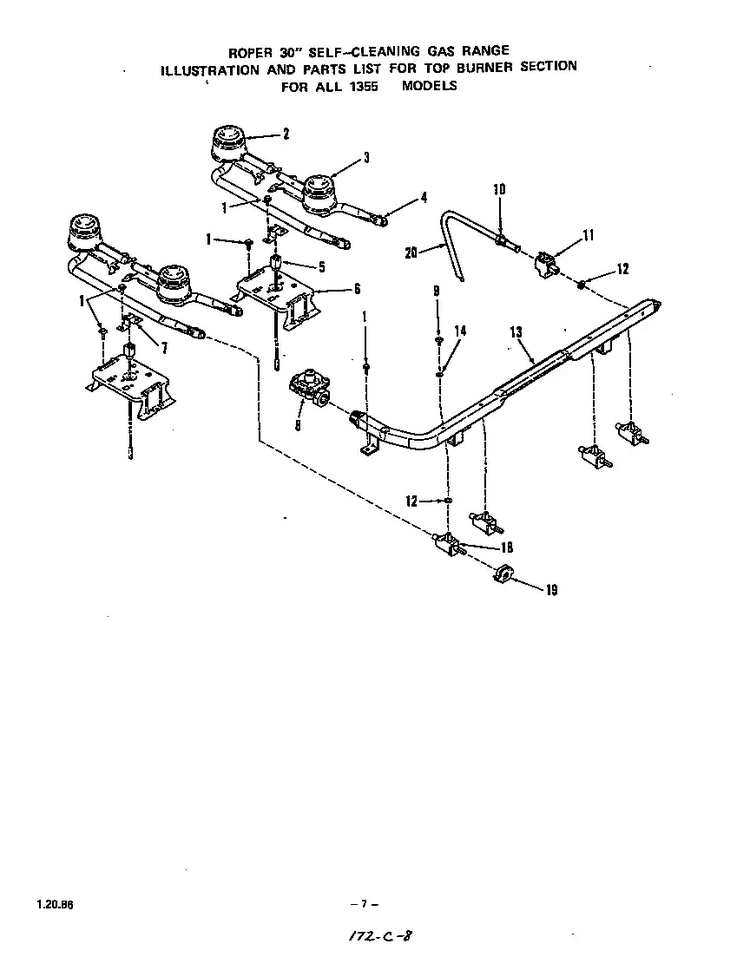 Top Burner Diagram and Parts List for 1355*0A  Roper Range