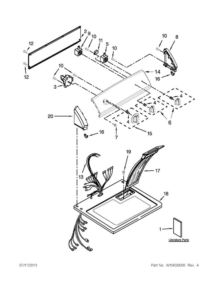 Top And Console Parts Diagram and Parts List for 11071262310  Kenmore Dryer