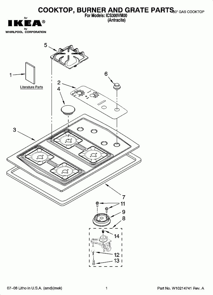 COOKTOP, BURNER AND GRATE PARTS Diagram and Parts List for ICS300VM00  Whirlpool Cooktop