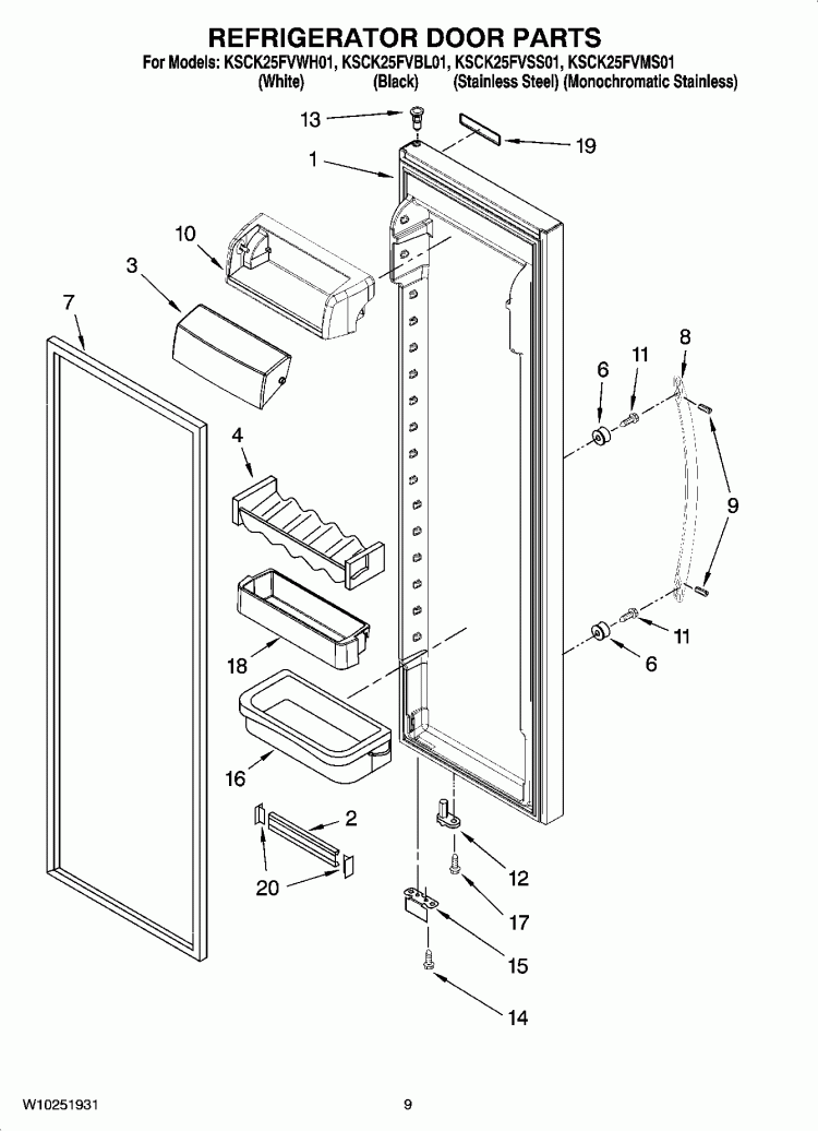 REFRIGERATOR DOOR PARTS Diagram and Parts List for KSCK25FVWH01  KitchenAid Refrigerator