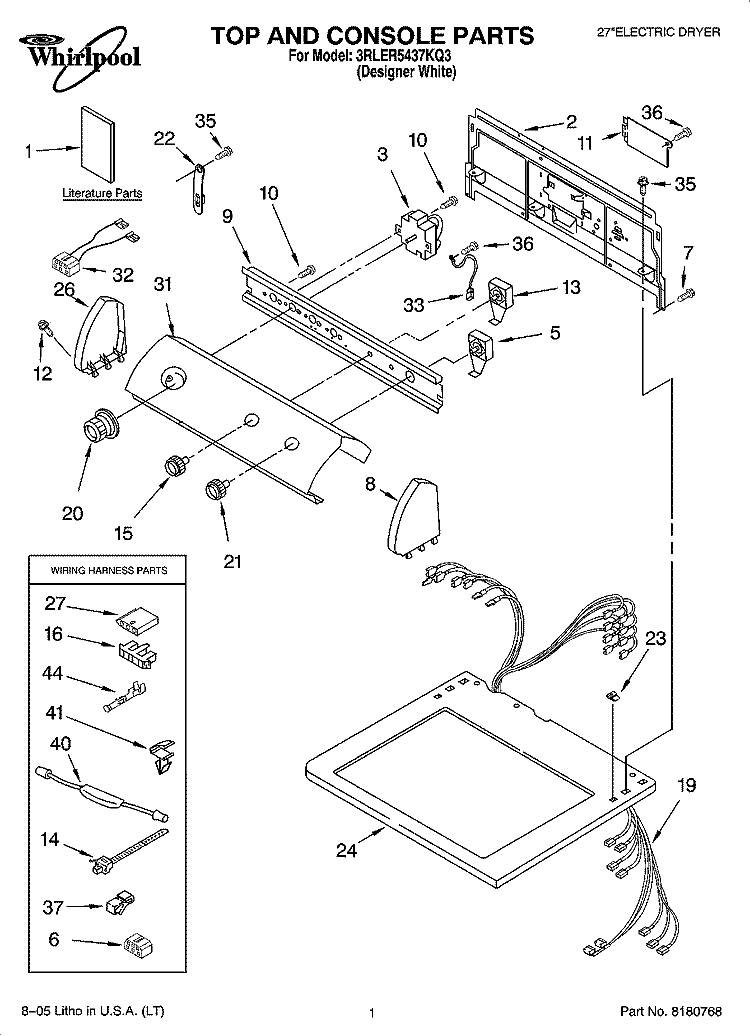 TOP AND CONSOLE PARTS Diagram and Parts List for 3RLER5437KQ3  Whirlpool Dryer