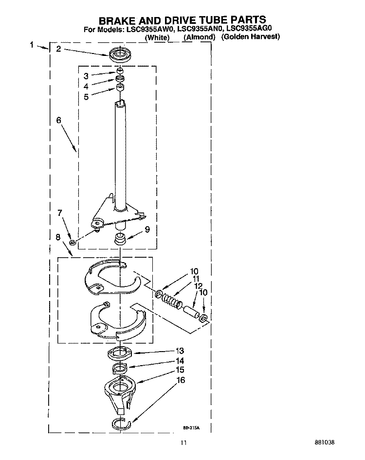 BRAKE AND DRIVE TUBE Diagram and Parts List for LSC9355AW0  Whirlpool Washer