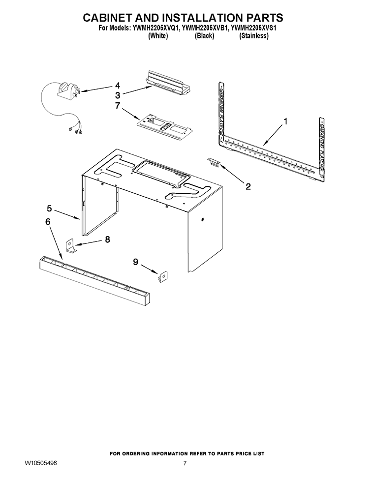 CABINET AND INSTALLATION PARTS Diagram and Parts List for YWMH2205XVQ1  Whirlpool Microwave