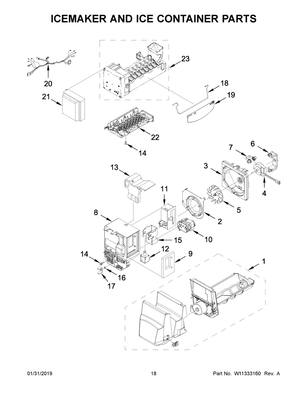 Icemaker And Ice Container Parts Diagram and Parts List for WRF555SDFZ09  Whirlpool Refrigerator