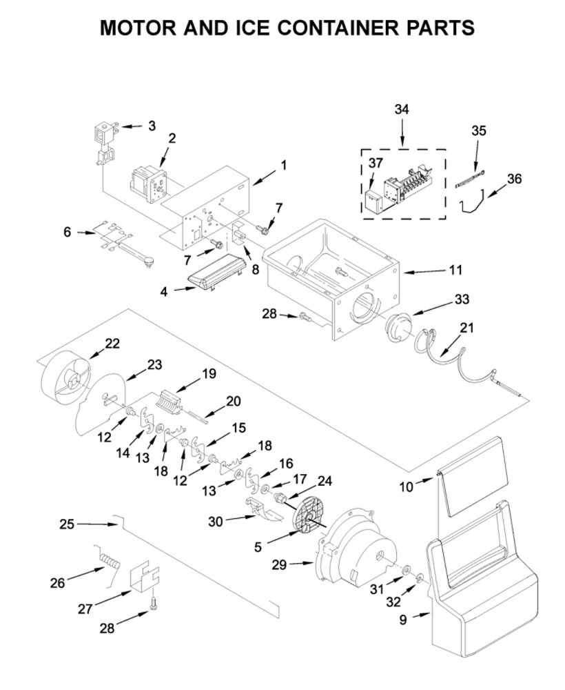 Motor And Ice Container Parts Diagram and Parts List for 10650045711  Kenmore Refrigerator