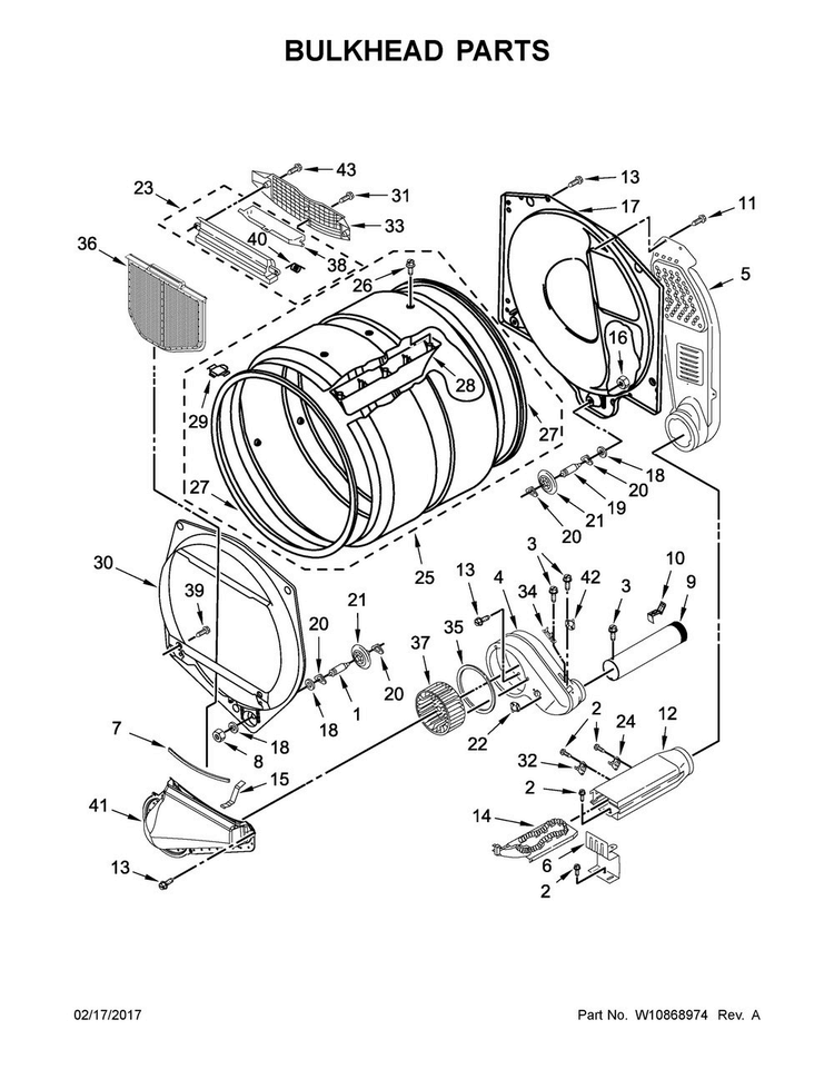 Bulkhead Parts Diagram and Parts List for YCEM2765FQ0  Whirlpool Dryer