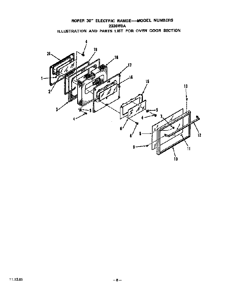 Oven Door Diagram and Parts List for 2336*0A  Roper Range