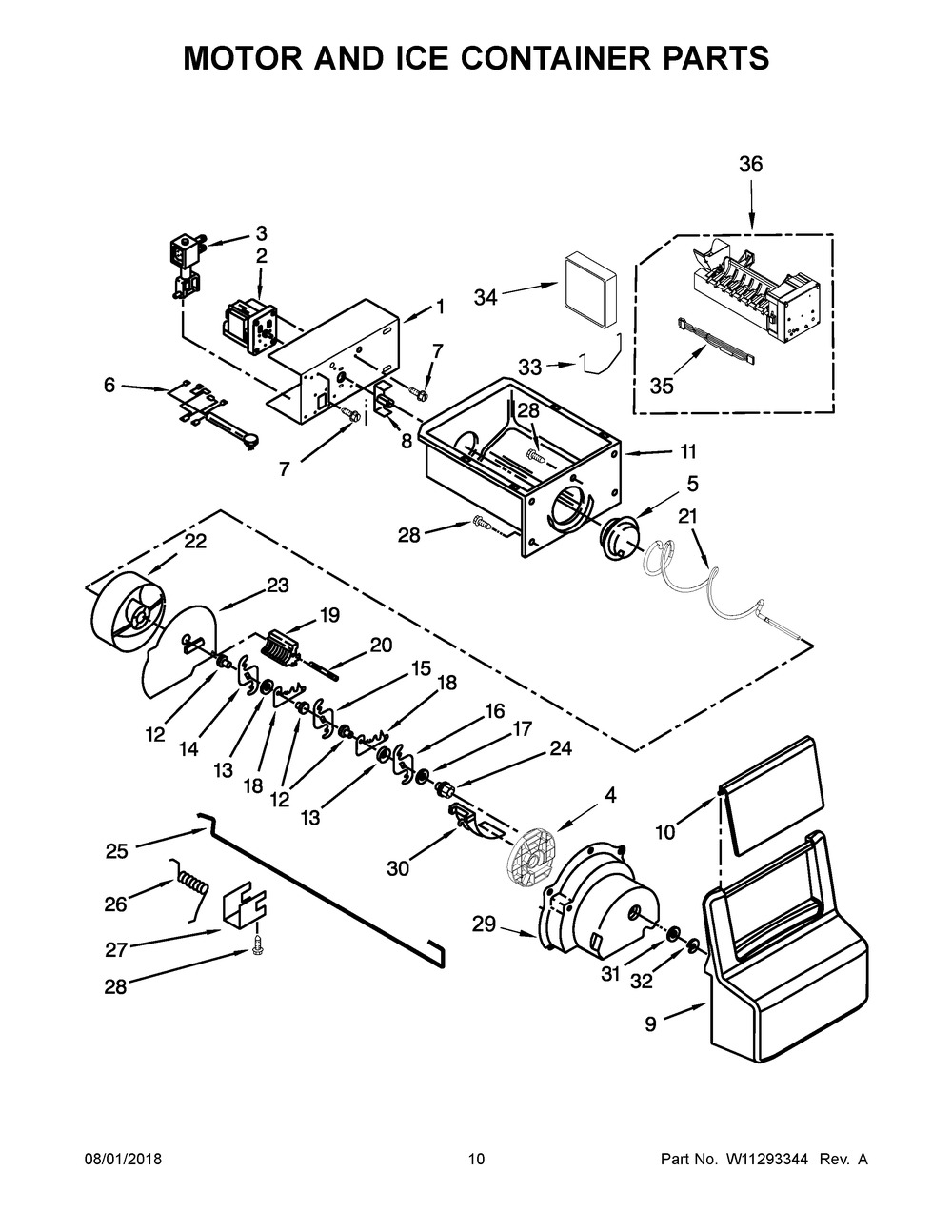 Motor And Ice Container Parts Diagram and Parts List for 5WRS25FDFG00  Whirlpool Refrigerator