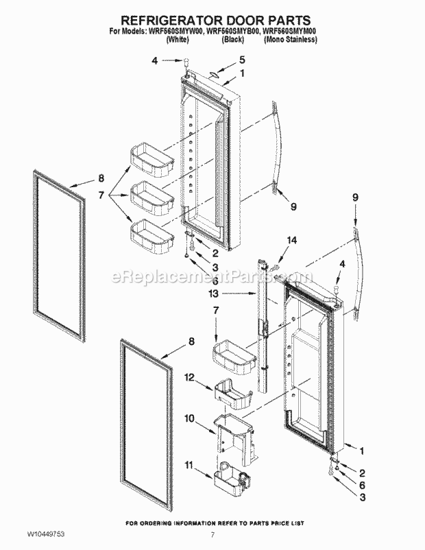 Refrigerator Door Parts Diagram and Parts List for WRF560SMYB00  Whirlpool Refrigerator