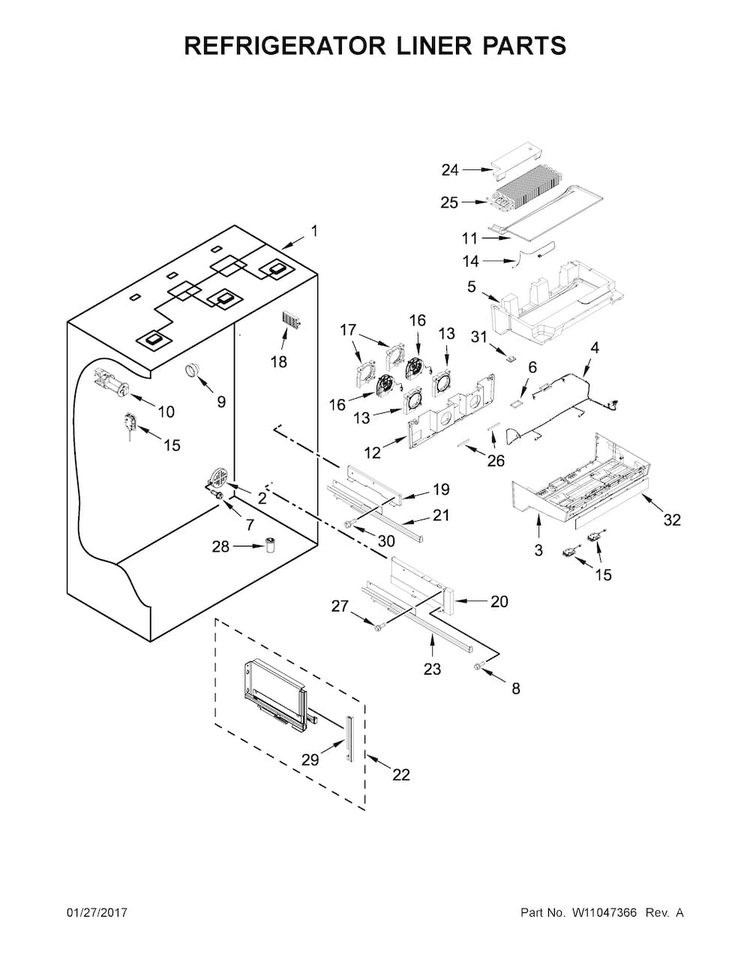 Refrigerator Liner Parts Diagram and Parts List for KBBR306ESS01  KitchenAid Refrigerator