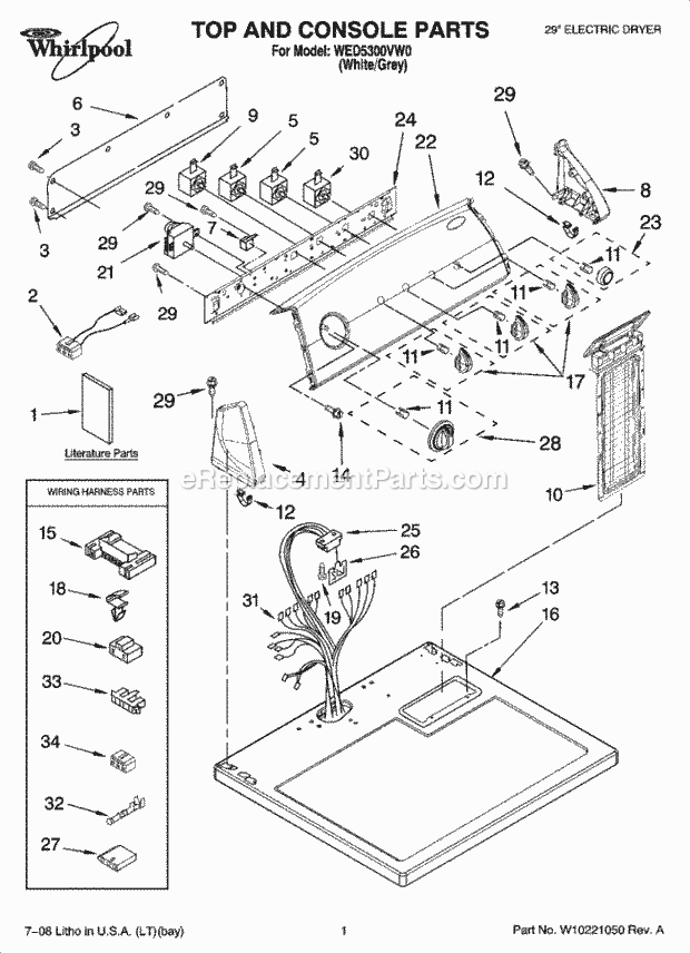 TOP AND CONSOLE PARTS Diagram and Parts List for WED5300VW0  Whirlpool Dryer