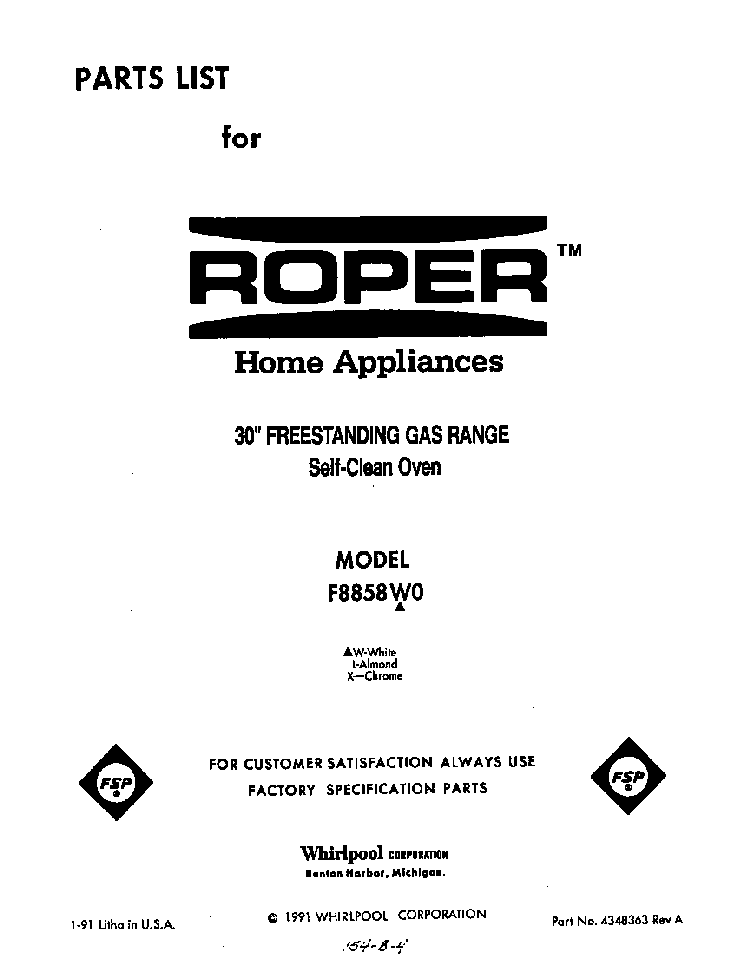 Front Cover Diagram and Parts List for F8858*0  Roper Range
