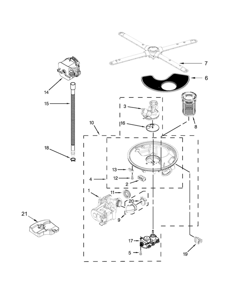Pump, Washarm And Motor Parts Diagram and Parts List for KDTE204ESS1  KitchenAid Dishwasher
