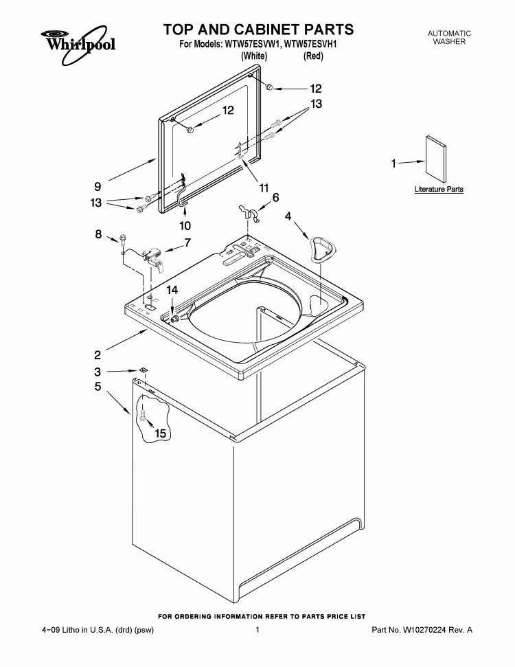 TOP AND CABINET PARTS Diagram and Parts List for WTW57ESVH1  Whirlpool Washer