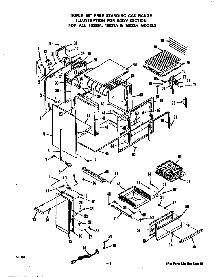 Body Diagram and Parts List for 1653*2A  Roper Range