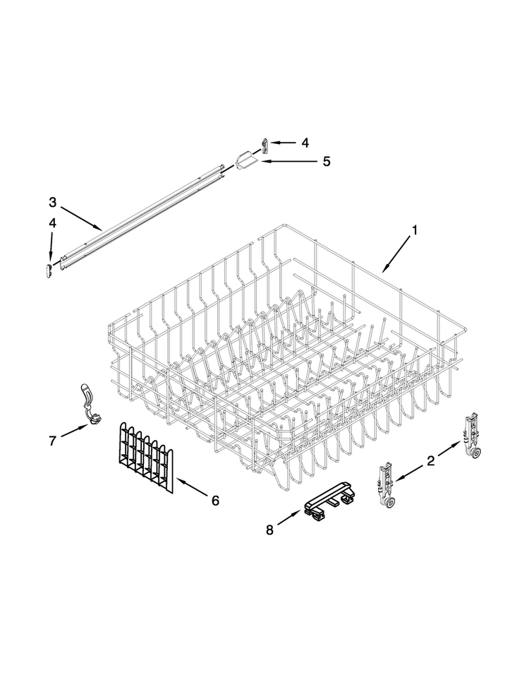 Upper Rack And Track Parts Diagram and Parts List for 7WDF530PAYM7  Whirlpool Dishwasher