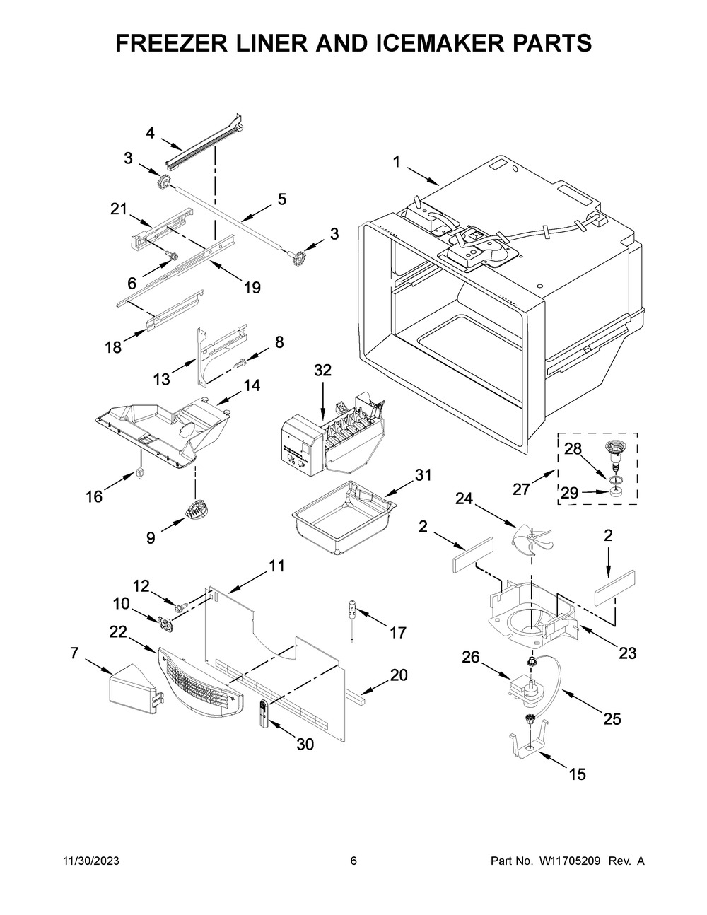 Freezer Liner And Icemaker Parts Diagram and Parts List for KRFC300EWH11  KitchenAid Refrigerator