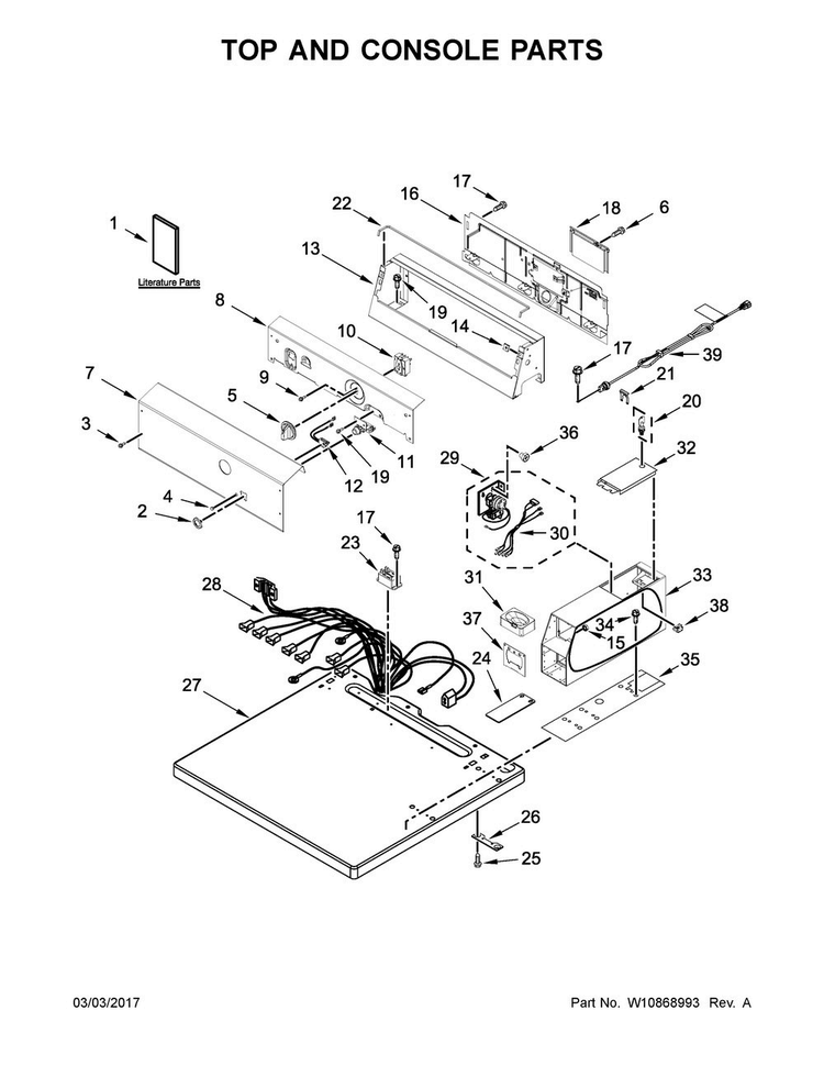 Top And Console Parts Diagram and Parts List for XCGM2765FQ0  Whirlpool Dryer