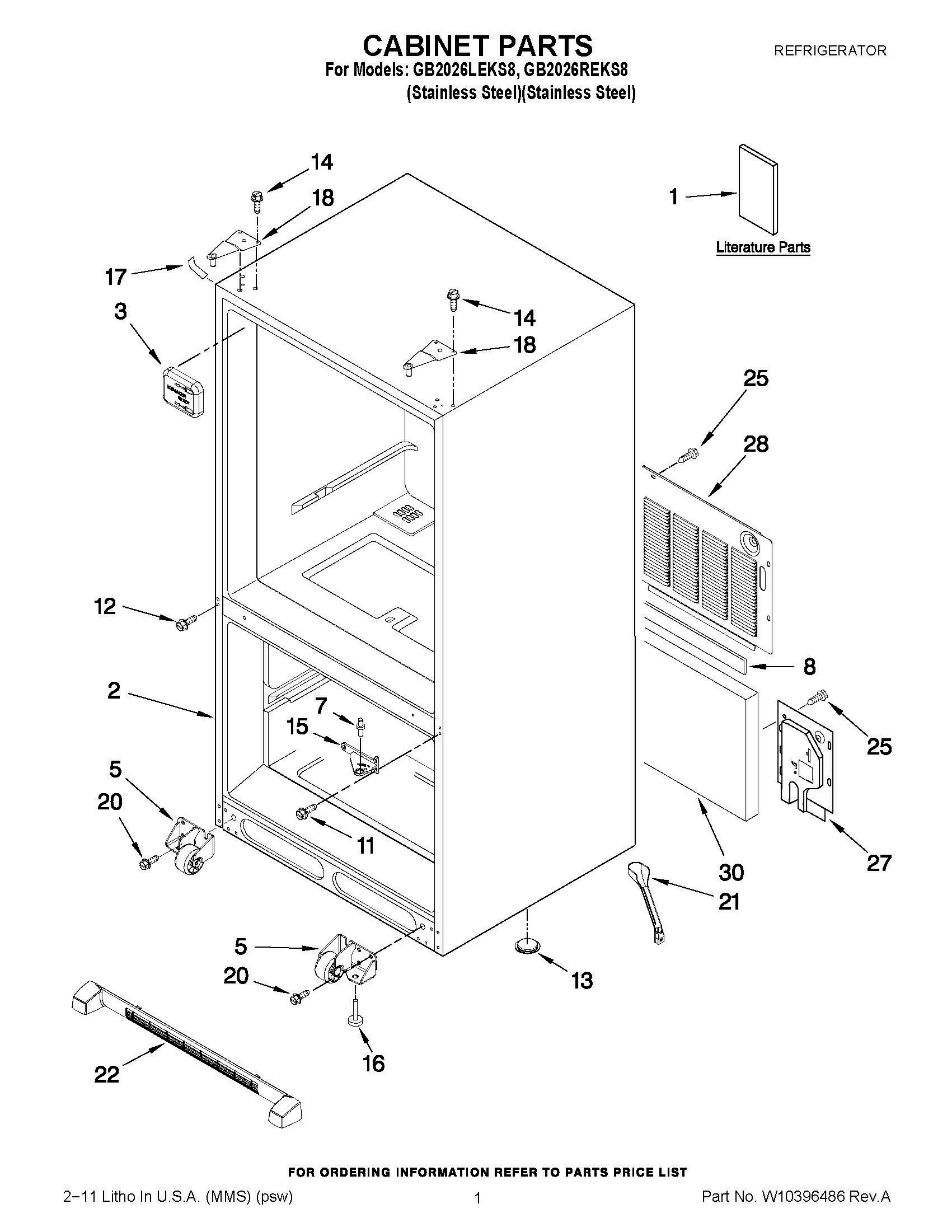 01 - CABINET PARTS Diagram and Parts List for GB2026REKS8  Whirlpool Refrigerator