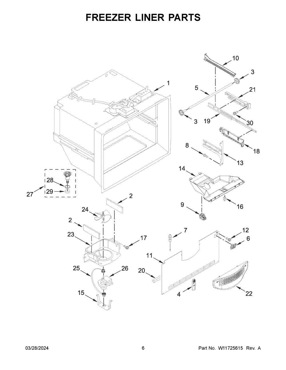 Freezer Liner Parts Diagram and Parts List for KRBR102ESS05  KitchenAid Refrigerator