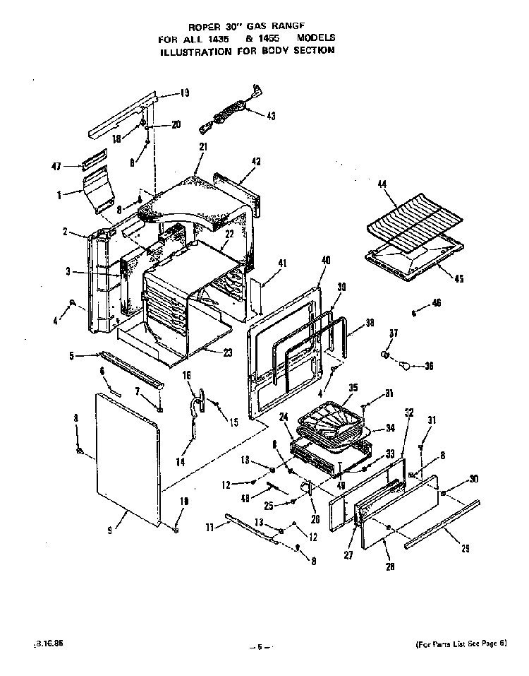 Body Diagram and Parts List for 1435*0A  Roper Range