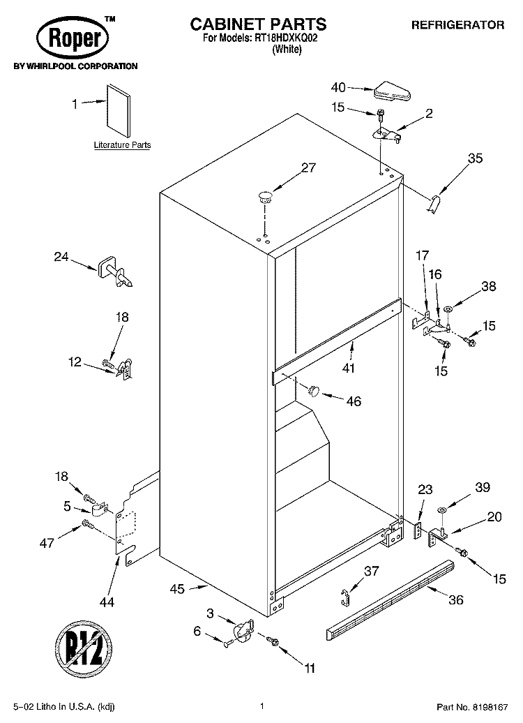 CABINET, LITERATURE Diagram and Parts List for RT18HDXKQ02  Roper Refrigerator