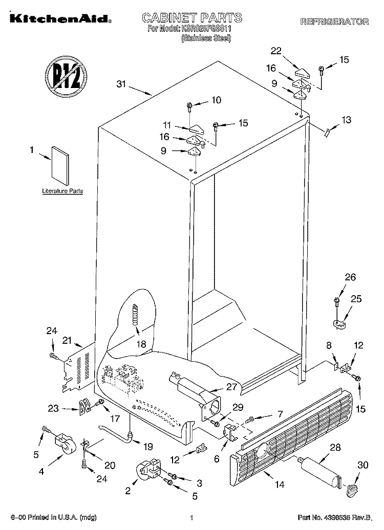 CABINET, LITERATURE Diagram and Parts List for KSRS25FGSS11  KitchenAid Refrigerator