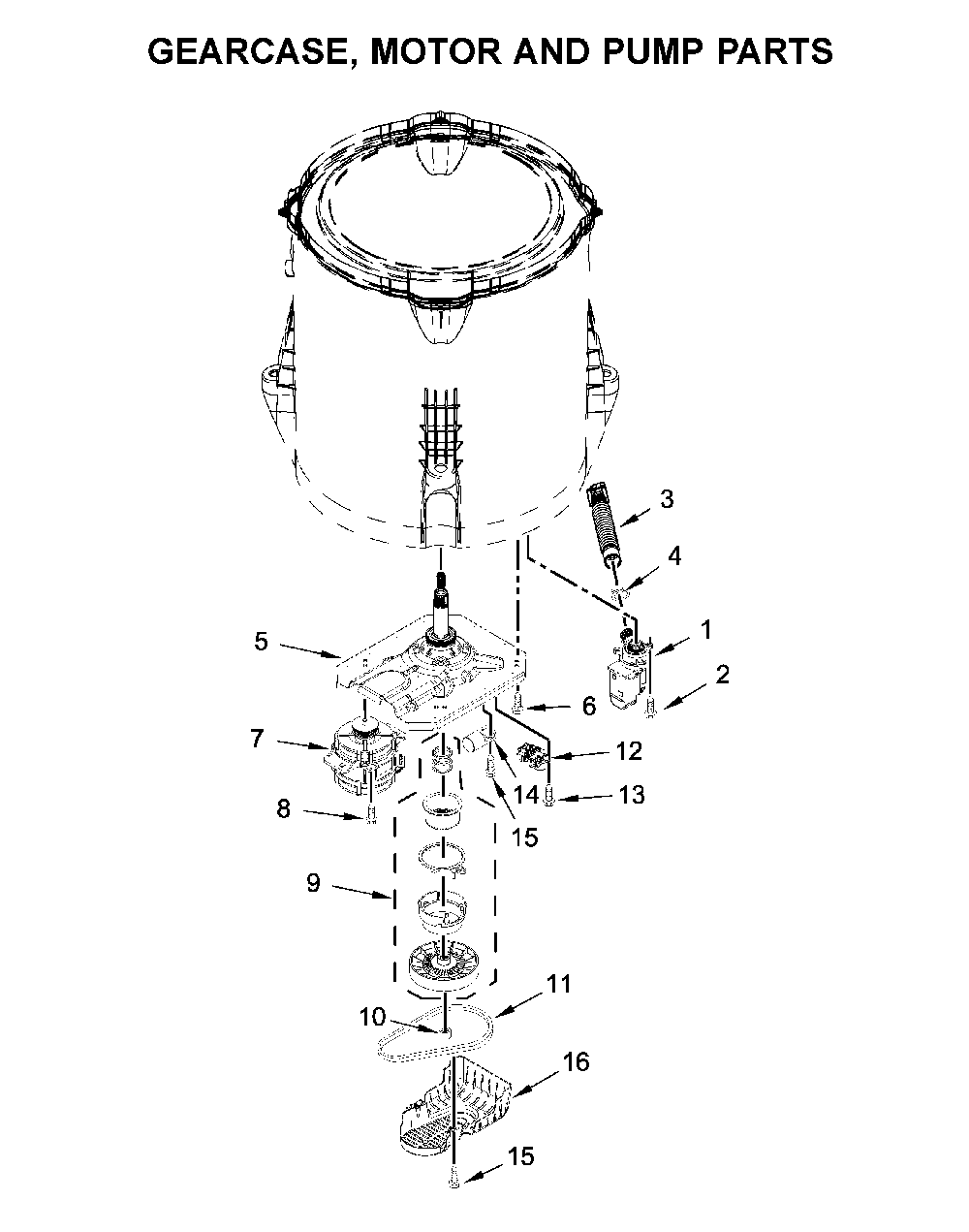 Gearcase, motor and pump parts Diagram and Parts List for 11020362812  Kenmore Washer