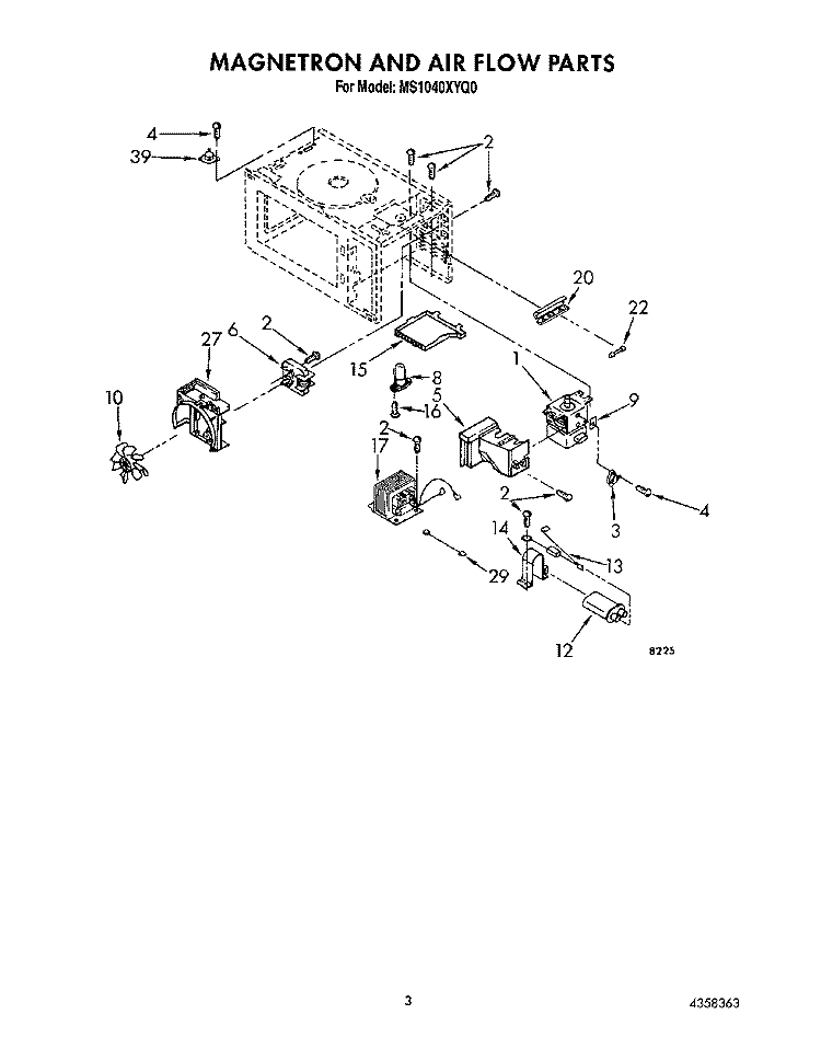 MAGNETRON AND AIR FLOW Diagram and Parts List for MS1040XYQ0  Whirlpool Microwave