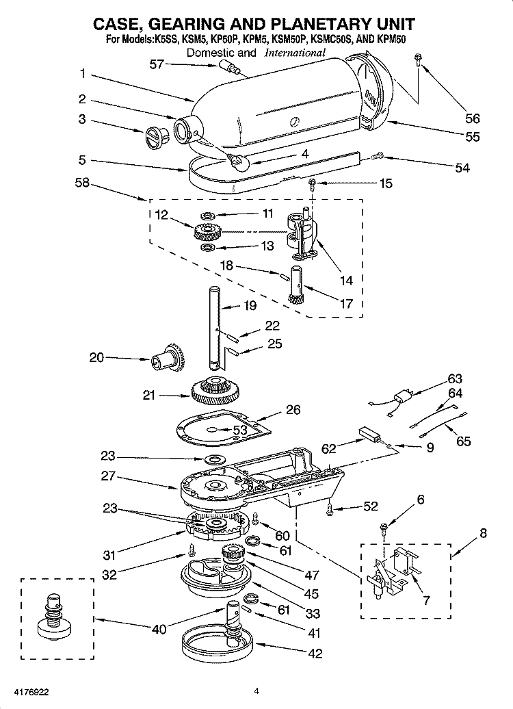 CASE, GEARING AND PLANETARY UNIT Diagram and Parts List for KP50  KitchenAid Mixer
