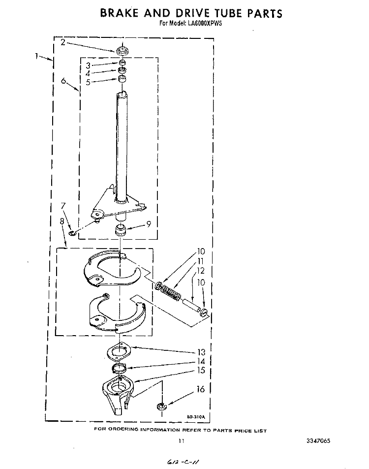 BRAKE AND DRIVE TUBE Diagram and Parts List for LA6000XPW5  Whirlpool Washer