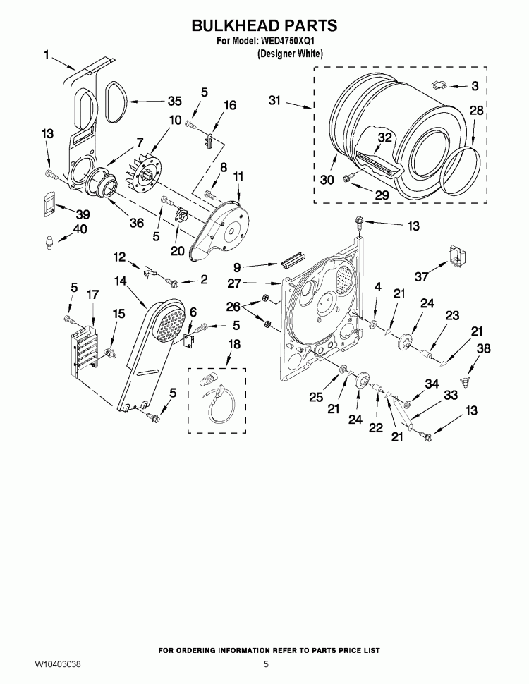 BULKHEAD PARTS Diagram and Parts List for WED4750XQ1  Whirlpool Dryer