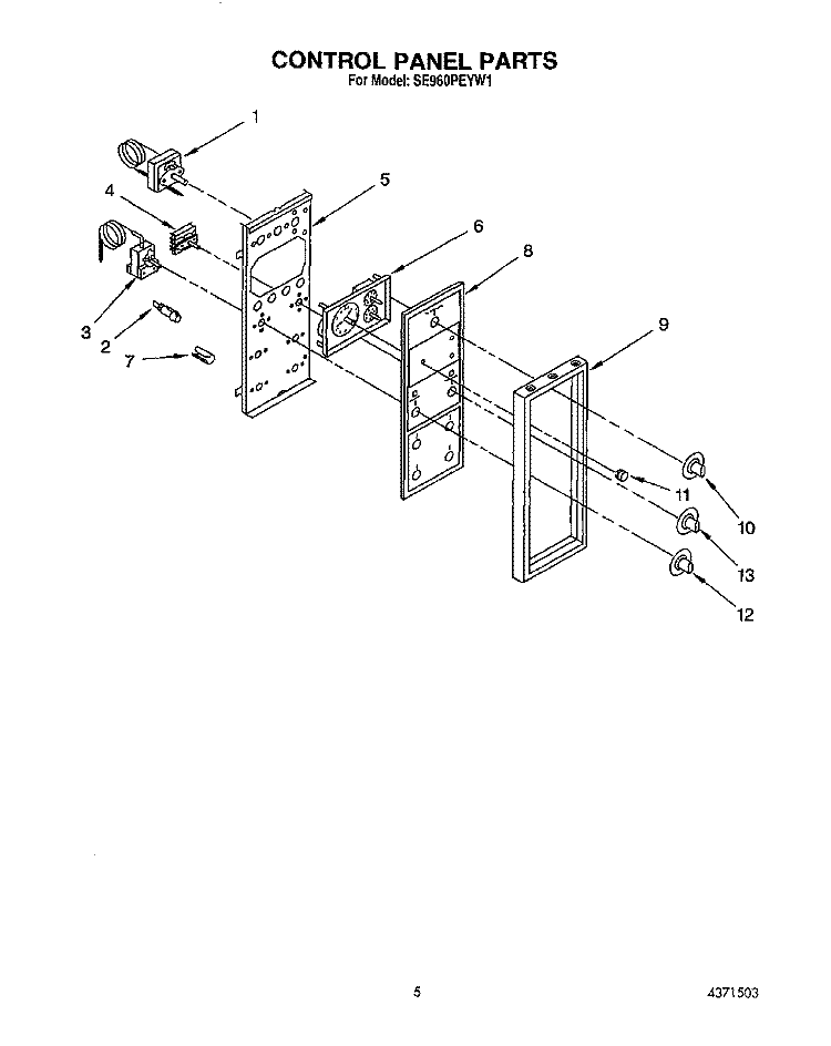 CONTROL PANEL Diagram and Parts List for SE960PEYN1  Whirlpool Range
