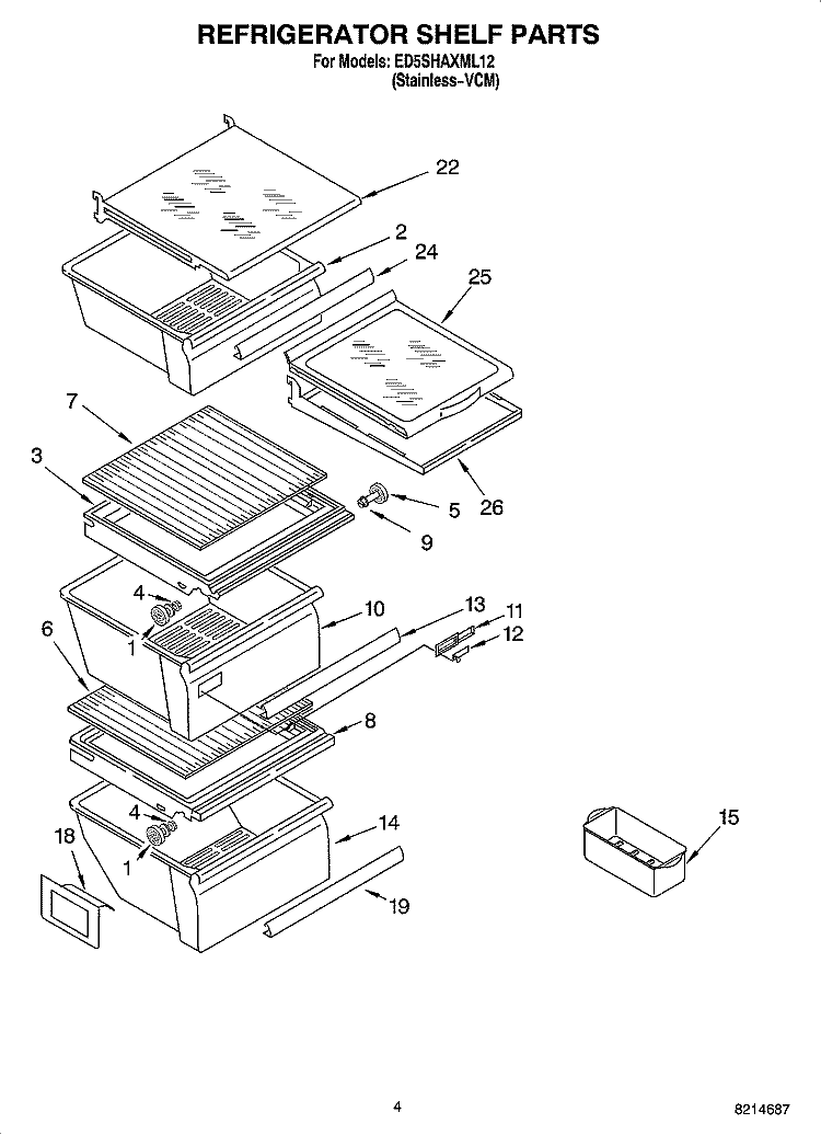 REFRIGERATOR SHELF PARTS Diagram and Parts List for ED5SHAXML12  Whirlpool Refrigerator