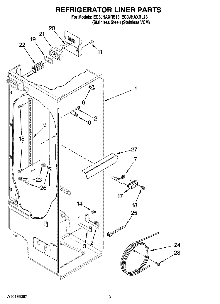 REFRIGERATOR LINER PARTS Diagram and Parts List for EC3JHAXRL13  Whirlpool Refrigerator