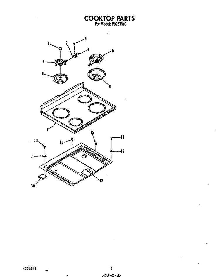 Cook Top Diagram and Parts List for F9257*0  Roper Range
