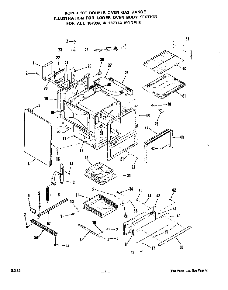 Lower Oven Body Diagram and Parts List for 1873*1A  Roper Wall Oven