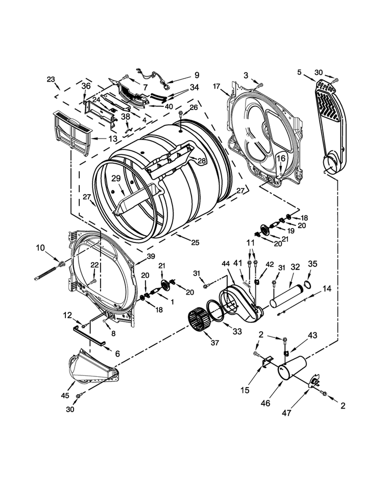Bulkhead Parts Diagram and Parts List for 7MWGD8000EW0  Whirlpool Dryer