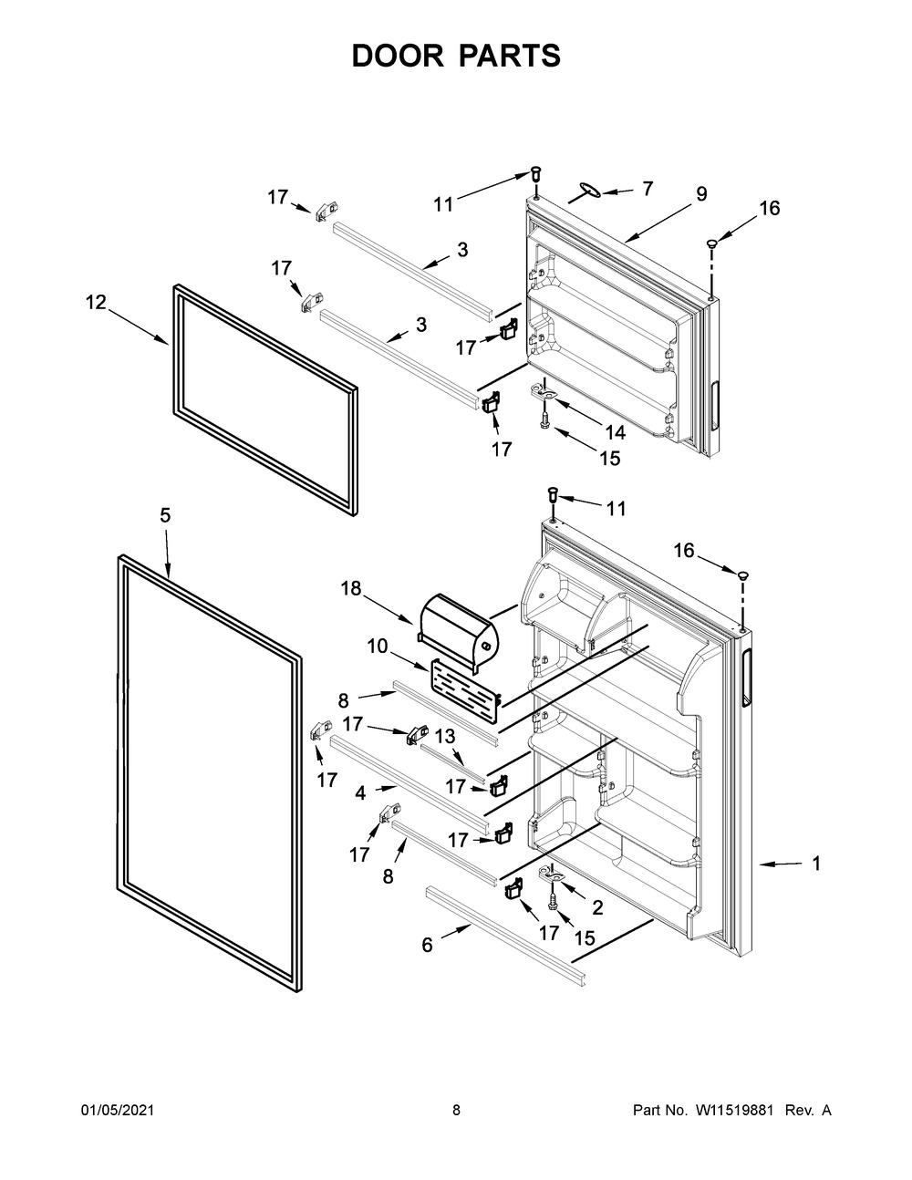 Door Parts Diagram and Parts List for ART318FFDB07  Whirlpool Refrigerator