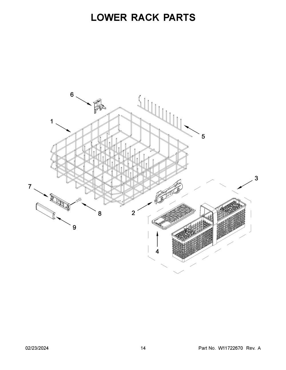 Lower Rack Parts Diagram and Parts List for KDFM404KPS3  KitchenAid Dishwasher