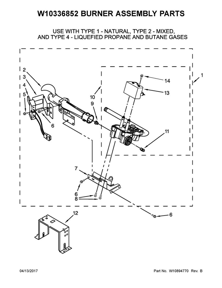 W10336852 Burner Assembly Parts Diagram and Parts List for WGD7300DC2  Whirlpool Dryer