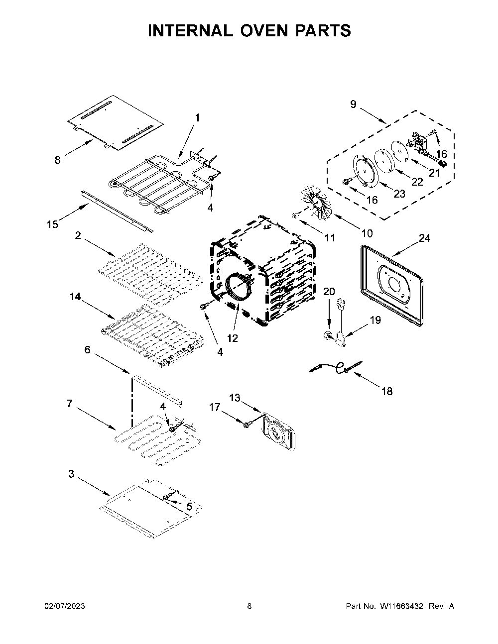Internal Oven Parts Diagram and Parts List for KOCE507EBS22  KitchenAid Microwave Oven Combo